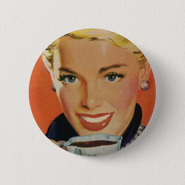 Antiker Kaffee, glückliche Frau mit retro-Kaffeeta Button (Vorderseite)