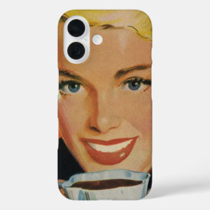 Antiker Kaffee, glückliche Frau mit retro-Kaffeeta iPhone 16 Hülle