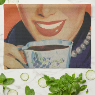 Antiker Kaffee, glückliche Frau mit retro-Kaffeeta Geschirrtuch