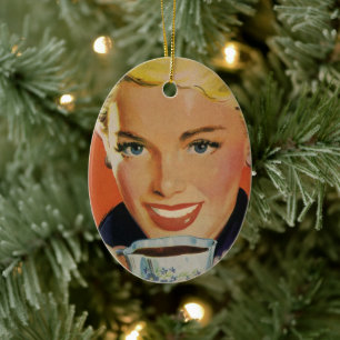Antiker Kaffee, glückliche Frau mit retro-Kaffeeta Keramik Ornament