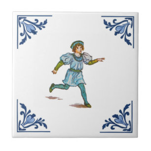 Antiker Laufender Junge Delft Ecken Blau und Weiß Fliese
