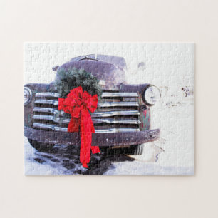 Antiker LKW mit festlicher Weihnachtsfeier Puzzle
