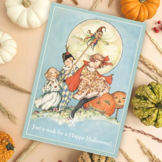 Antiker Mond & Maskierte Kinder Vintage-Halloween Karte