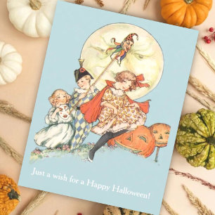 Antiker Mond & Maskierte Kinder Vintage-Halloween Karte