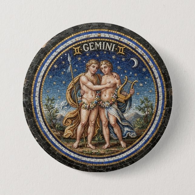 Antiker Mosaik-Zodiak Zwillinge  Button (Vorderseite)