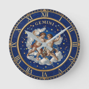 Antiker Mosaik-Zodiak Zwillinge im Stil Runde Wanduhr
