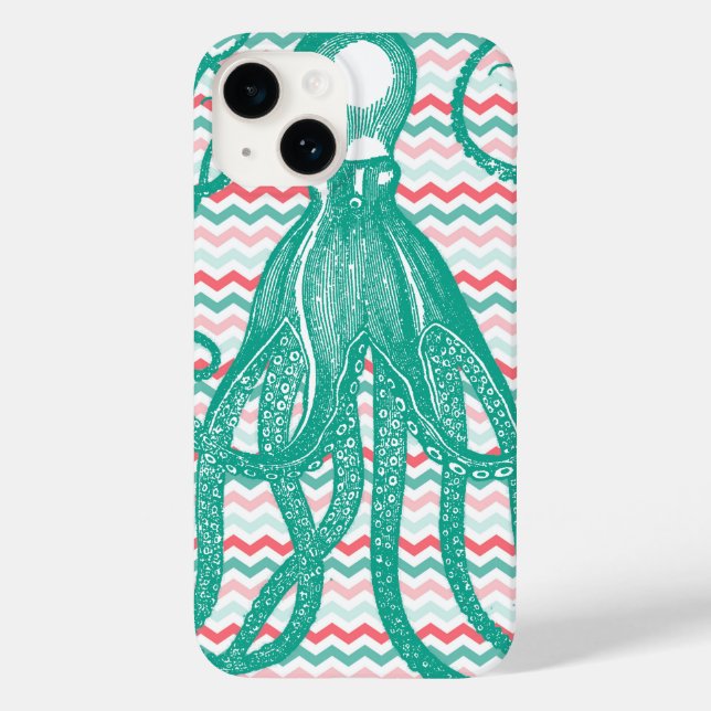 Antiker Oktopus auf Korallen und Aqua Chevrons Case-Mate iPhone Hülle (Rückseite)