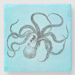 Antiker Oktopus Teal Wasserfarbe Blau aus dem 19. Steinuntersetzer