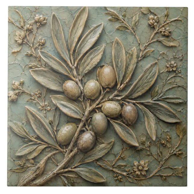 Antiker Olivenzweig Botanischer Faux-Relief Fliese (Vorderseite)