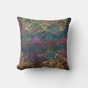 Antiker Pfau Teal Lila Gold Scroll Damast Kissen