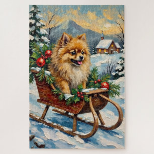 Antiker Pomeranian in hölzernem Weihnachtsschlitte Puzzle