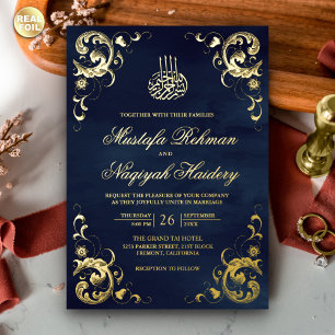 Antiker Rahmen Marineblau Islamische Hochzeit Gold Folieneinladung