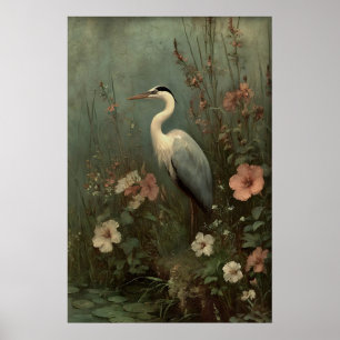 Antiker Reiher am See Druck, melancholische Botani Poster