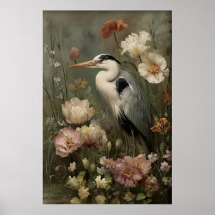 Antiker Reiher-Blumen-Druck, Moody Botanical Poster