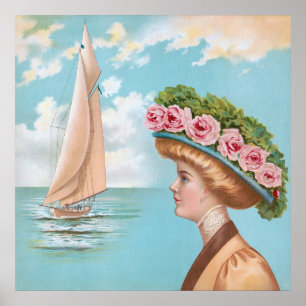 Antiker Rosa-Rosen-Hut-Seefahrtsdame-Kunst auf Seg Poster