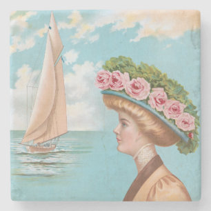 Antiker Rosa-Rosen-Hut-Seefahrtsdame-Kunst im Stil Steinuntersetzer