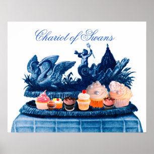 ANTIKER ROSAFARBENER SCHWANEN- UND CUPCAKE-WAGEN POSTER