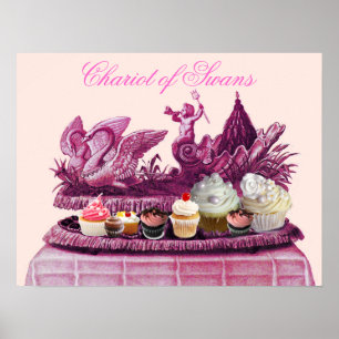 ANTIKER ROSAFARBENER SCHWANENWAGEN MIT CUPCAKES POSTER