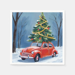 Antiker roter Auto-Weihnachtsbaum-Urlaub Serviette