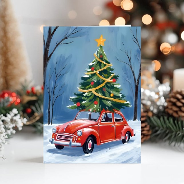 Antiker roter Weihnachtsbaum-Auto Feiertagskarte (Von Creator hochgeladen)