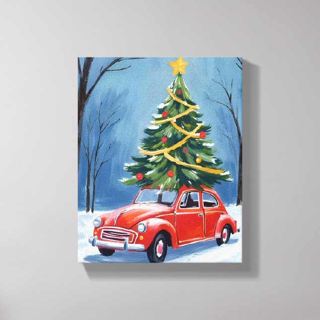 Antiker roter Weihnachtsbaum-Auto Leinwanddruck (Vorderseite)