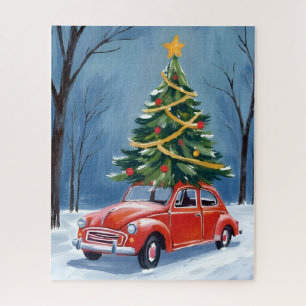 Antiker roter Weihnachtsbaum-Auto Puzzle