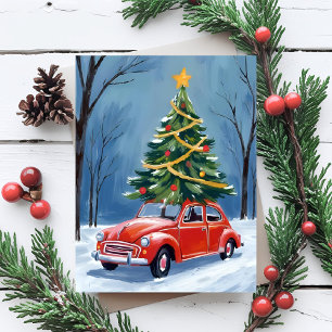 Antiker roter Weihnachtsbaum im Auto Feiertagskarte