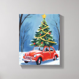 Antiker roter Weihnachtsbaum im Auto Leinwanddruck