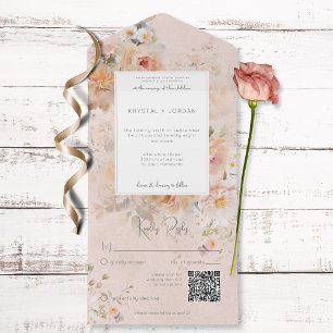 Antiker Rustikaler Rosa Blumenrahmen QR-Code All In One Einladung