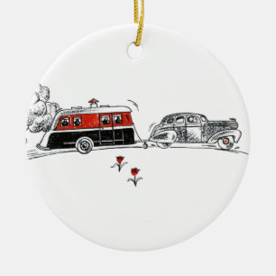 Antiker RV-Camper und Auto zeichnen Ruhestand Re Keramik Ornament