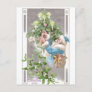 Antiker Santa in Blue Coat mit Weihnachtsbaum Feiertagspostkarte