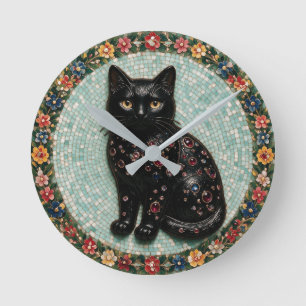 Antiker Schwarzkatzen-Mosaik Runde Wanduhr