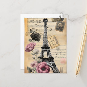 Antiker Sepia-Eiffelturm und rosa Blumen Postkarte