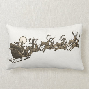 Antiker Sepia-Weihnachtsmann-Schlitten-Rentiere im Lendenkissen