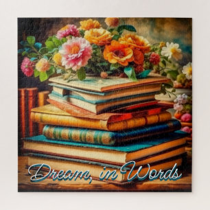 Antiker Stapel Vintage-Bücher und Blumen Puzzle