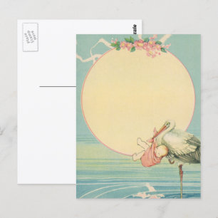 Antiker Storch mit Baby Mädchen in rosa Decke Postkarte