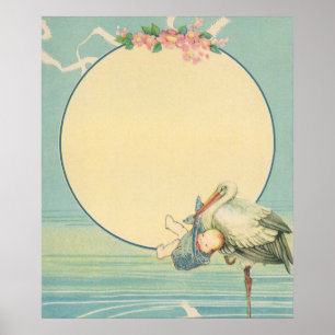 Antiker Storch mit Babyjungen in blauem Tuch Poster