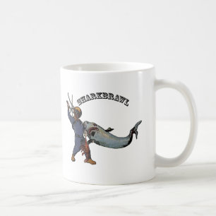 Antiker Taucher kämpft mit einem Hai um einen Humm Kaffeetasse