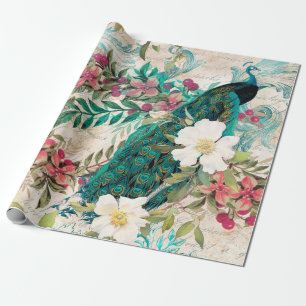 Antiker Türkis-Pfau und rosa Blumenmuster Geschenkpapier
