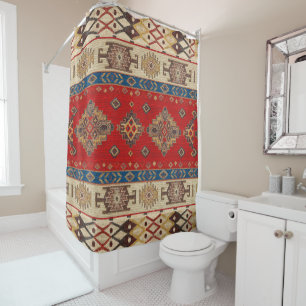 Antiker türkiser rot-goldener Kilim-Teppich Duschvorhang