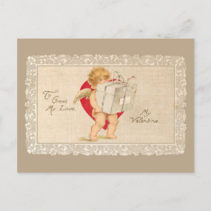 Antiker Valentins-Cupid mit Paket und rotem Herzen Postkarte
