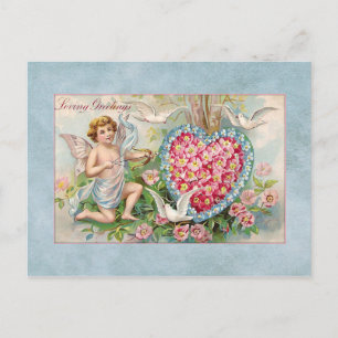 Antiker Valentins-Cupid und florales Herz Feiertagspostkarte