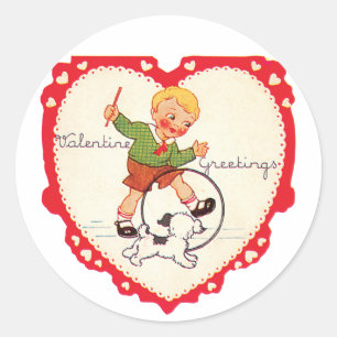 Antiker Valentinsjunge mit Welpe Runder Aufkleber