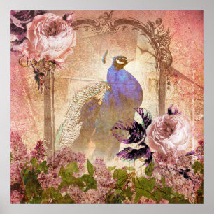 Antiker viktorianischer Blumenpfau Poster