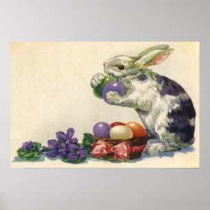 Antiker viktorianischer Osterhase, Eier und Blumen Poster