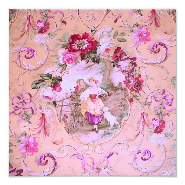 Antiker Viktorianischer Rokoko-Stil Blumenrosa Fotodruck (Vorne)