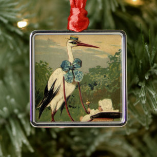 Antiker viktorianischer Storch und Kinderwagen Silbernes Ornament
