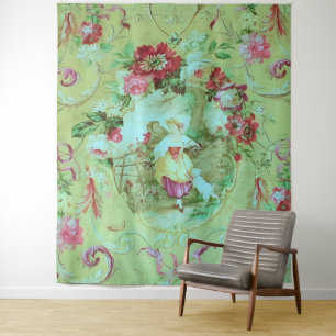 Antiker viktorianischer Toile-Rocaille-Stil Salbei Wandteppich