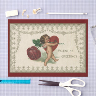 Antiker viktorianischer Valentins-Engel mit Rose u Seidenpapier