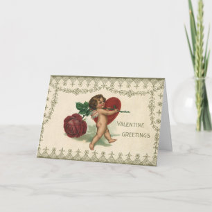 Antiker viktorianischer Valentinscherub, Rose und  Feiertagskarte